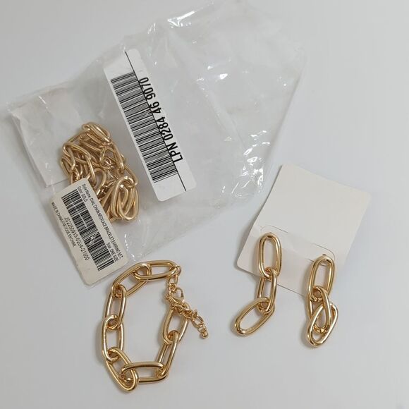 Gold Oval Chain Link Necklace Bracelet Earrings Set - Picture 6 of 7